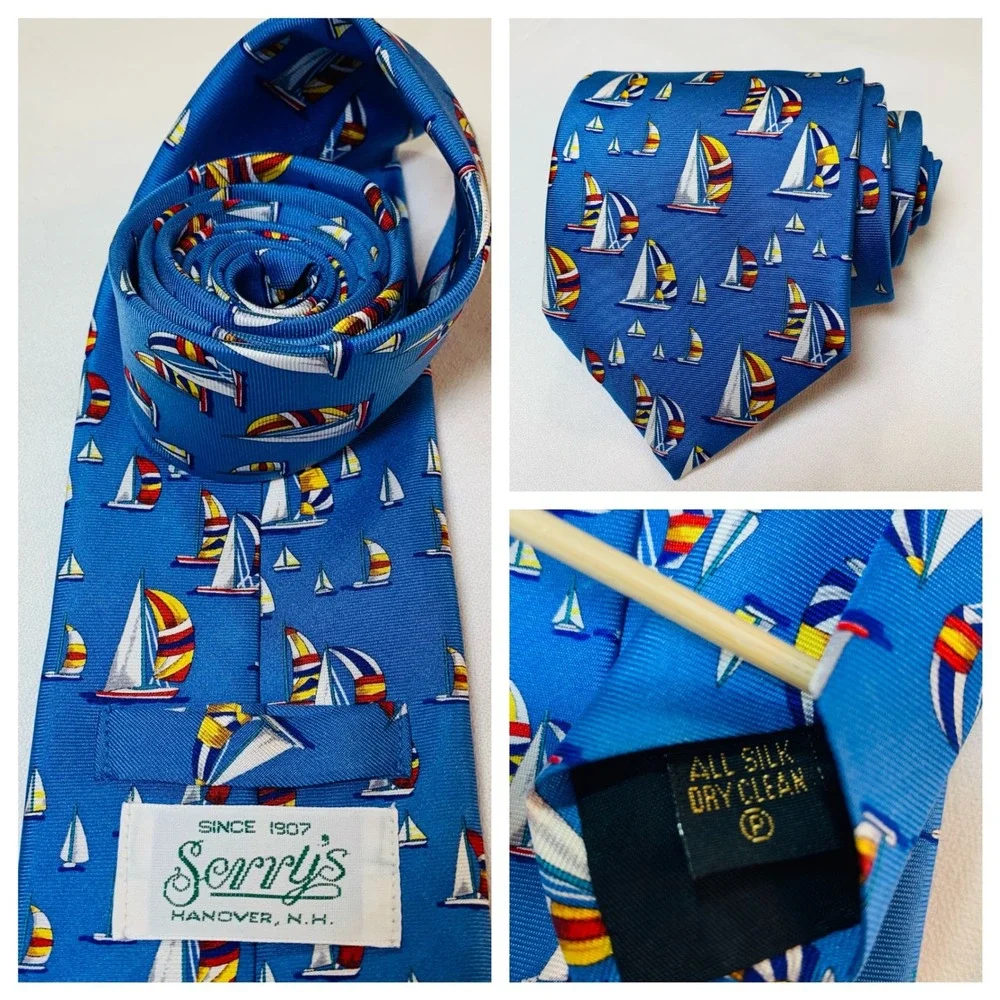 Serry's Blue Silk Necktie Sailboat Pattern Nautical Menswear Fashion Tie Hanover